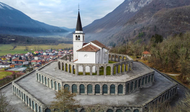 The italian military memorial of 1. world war in Caporetto or Kobarid, Slovenia. The aerial view of italian military memorial of 1. world war in Caporetto (Karfreit) or Kobarid in Slovenia, Europe soca valley stock pictures, royalty-free photos & images