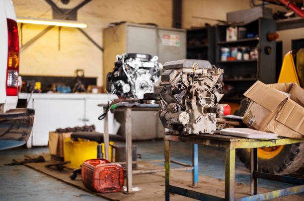 car fuel pump repair, truck fuel pump housing on workbench in service, repair tools and workbench in workshop, truck service, close-up, selective focus