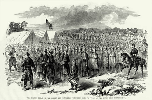 Antique: Morning Detail of the Fourth New Hampshire Volunteers Going to Work on the Hilton Head Fortifications, 1861 Civil War Engraving Engraving of Morning Detail of the Fourth New Hampshire Volunteers Going to Work on the Hilton Head Fortifications, 1861 Civil War Engraving from "Famous Leaders and Battle Scenes of the Civil War," Published in 1864. Original edition from my own archives. Copyright has expired on this artwork. Digitally restored. hultonarchive stock illustrations