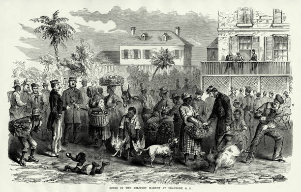 ilustrações, clipart, desenhos animados e ícones de antiguidade: cena no mercado militar em beaufort, carolina do sul, 1861 gravação da guerra civil - civil war general engraving men