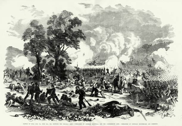 ilustraciones, imágenes clip art, dibujos animados e iconos de stock de antique: battle of bull run, virginia, 21 de julio de 1861 grabado de la guerra civil - civil war general engraving men