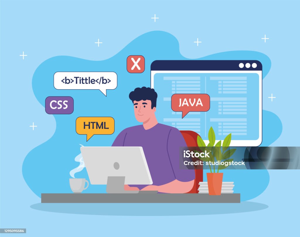 Software Developer Programming In Desktop With Code Symbols Stock ...