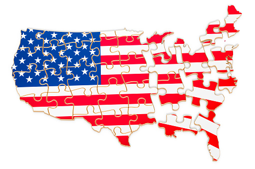 Map of USA with American national flag isolated on the white background