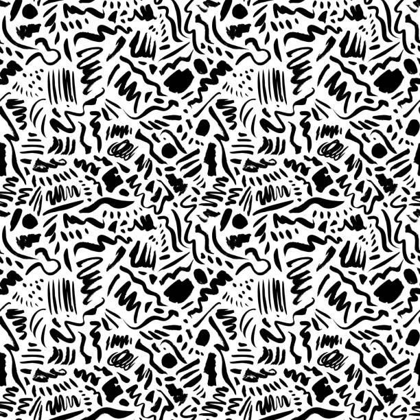 szkicowe tło z liniami pociągów pędzla, falami i kropkami. - wallpaper pattern contemporary dirty messy stock illustrations