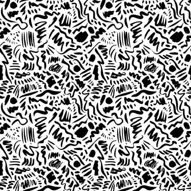 Sketchy background with brush stroke lines, waves and dots. Sketchy background with brush stroke lines, waves and dots. Hand drawn vector seamless pattern. Doodle and freehand ink drawing. Black and white modern graphic texture. Charcoal and ink drawing pen designs stock illustrations