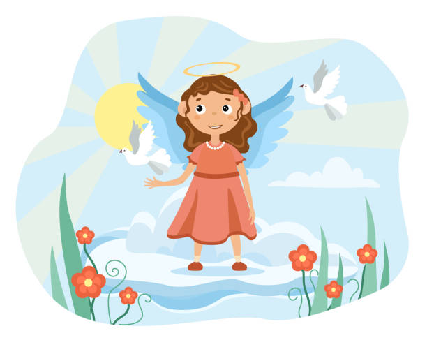 Cute little baby angel floating on a cloud Cute little baby angel with open wings floating on a cloud above summer flowers, cartoon colored vector illustration girl levitating stock illustrations