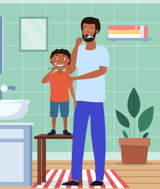 Father and his son brushing their teeth Father and his son brushing their teeth together in the bathroom with the child standing on a stool, flat cartoon colored vector illustration black man brushing teeth stock illustrations