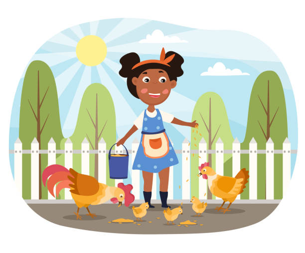 illustrazioni stock, clip art, cartoni animati e icone di tendenza di la bambina nutre i polli nel cortile - pensive only baby girls baby girls baby