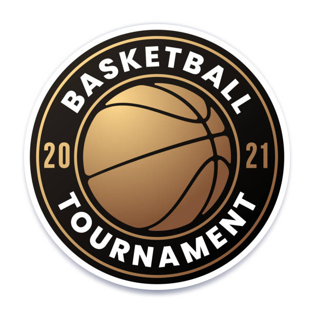 ilustraciones, imágenes clip art, dibujos animados e iconos de stock de insignia de oro del torneo de baloncesto - símbolo deportivo