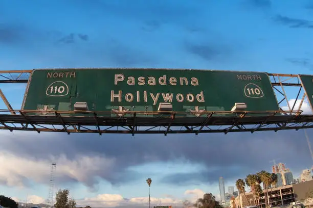 Pasadena and Hollywood 110 freeway sign in downtown Los Angeles, California.