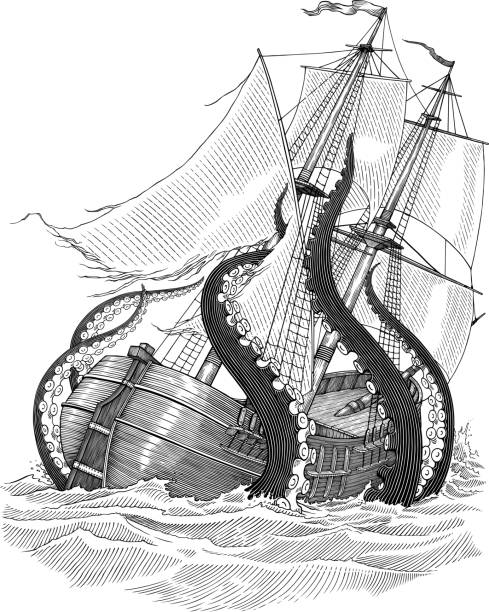 Cracking attaks Black and white vector illustration of giant cephalopod attaking a ship sea monster stock illustrations