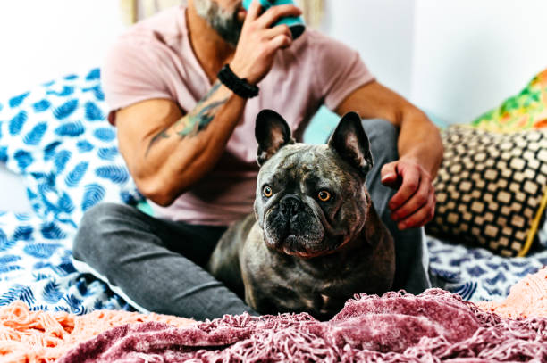 istock Happy man relaxes at home with his pet dog 1295112690