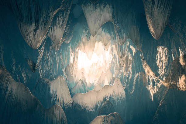 터널 끝에 햇빛이 있는 얼음 동굴의 3d 렌더링 - icicle ice textured arctic 뉴스 사진 이미지