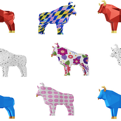 Seamless pattern of colored Bulls, 3d render