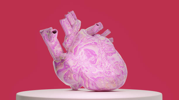istock bright colored shiny unusual anatomical heart on stand, 3d render 1295115087