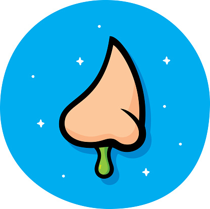 Vector illustration of a hand drawn runny nose against a blue background.