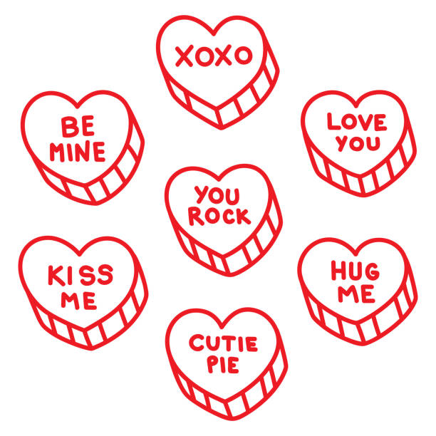 ilustraciones, imágenes clip art, dibujos animados e iconos de stock de conjunto de doodle candy hearts - candy heart candy valentines day heart shape