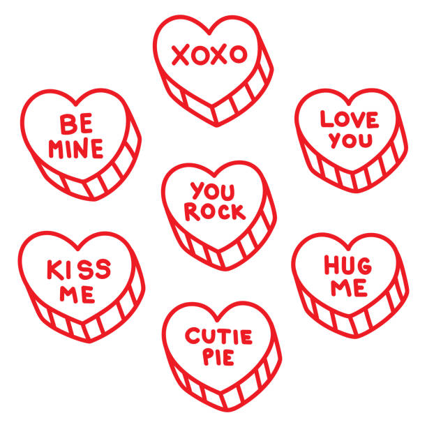 Candy Hearts Doodle Set Vector illustration of hand drawn red candy heart icons against a white background. valentine card stock illustrations