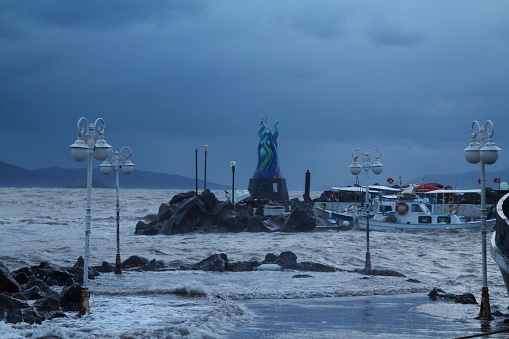 Bodrum, Turkey. 15 January  2019: Southern windstorm in the Aegean sea. The waves exceeded over the breakwater.