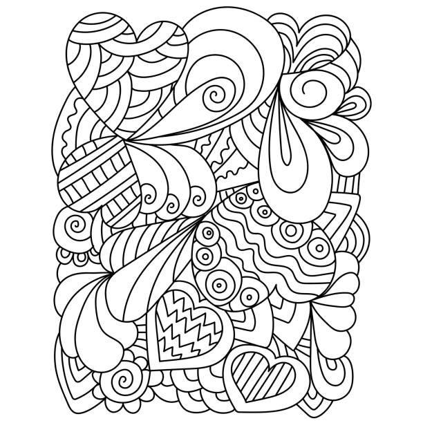 Anti stress coloring page with hearts and ornate patterns, outline drawing for Valentine's day Anti stress coloring page with hearts and ornate patterns, outline drawing for Valentine's day vector illustration coloring book page illlustration technique illustrations stock illustrations