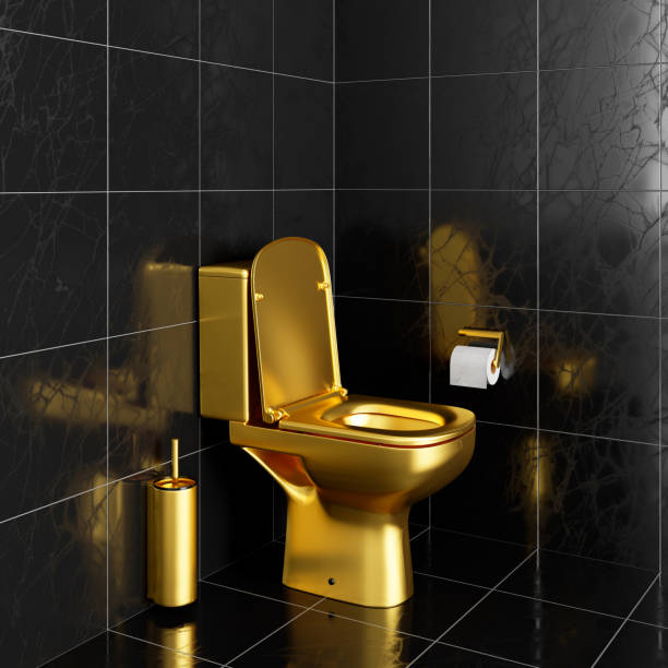 vaso sanitário dourado e acessórios em torção de azulejo preto 3d render - bathroom black faucet - fotografias e filmes do acervo