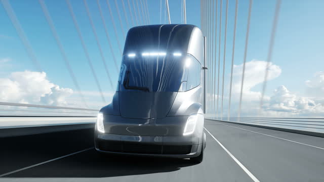 3d model of futuristic electric truck on the bridge. Electric automobile. Realistic 4k animation.