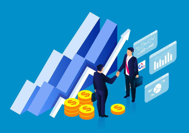 Isometric successful business collaboration, businessmen shaking hands, business data analysis Isometric successful business collaboration, businessmen shaking hands, business data analysis selling stock illustrations