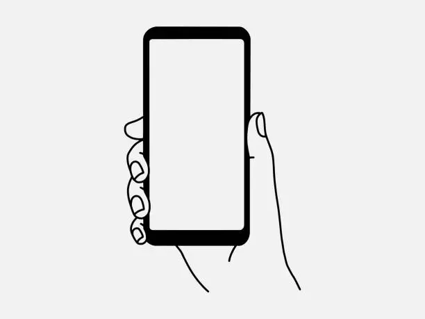 Vector illustration of Smartphone blank screen mock up holding in businessman hand. isolated on white background. doodle style.