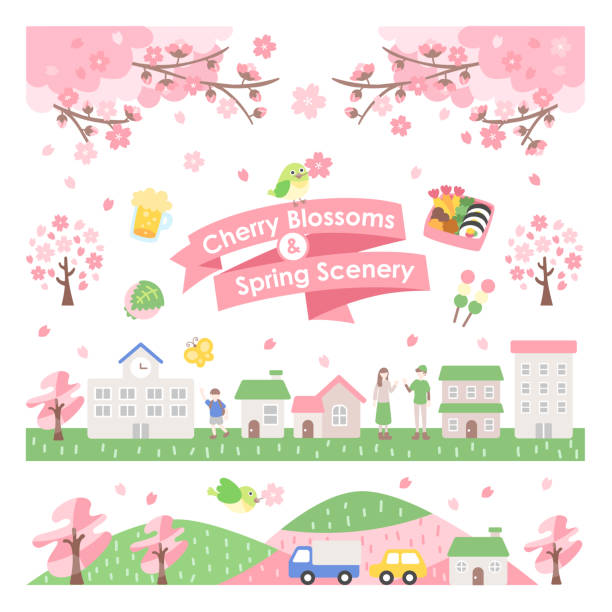 春の街並み、桜や餃子などのクリップアート - ピクニック イラスト点のイラスト素材／クリップアート素材／マンガ素材／アイコン素材
