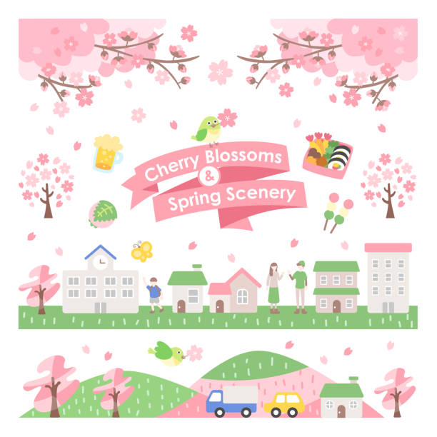 ilustrații de stoc cu clipart al peisajului urban de primăvară, flori de cireș și găluște etc. - hanami