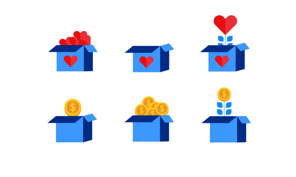 ilustrações de stock, clip art, desenhos animados e ícones de set collection donation box with big heart and coin flat icon illustration design - humanism