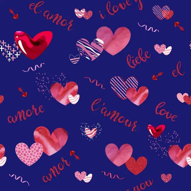 Vector illustration of with red and pink hearts in various styles with word love written in different languages isolated on the blue background. Vector illustration