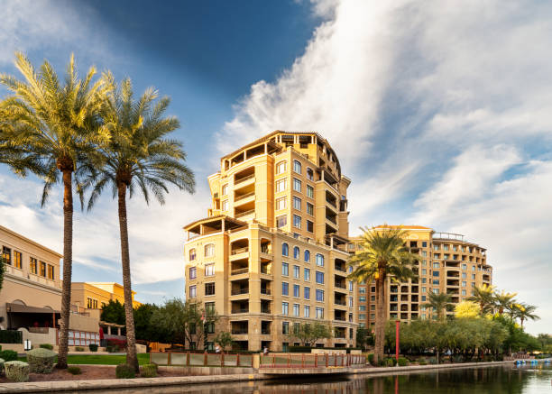 Waterfront in Downtown Scottsdale Arizona Along the canal in downtown Scottsdale Arizona. southwest usa architecture building exterior scottsdale stock pictures, royalty-free photos & images