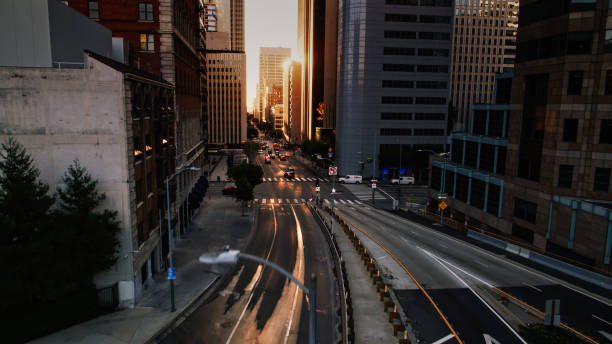 istock Drone Shot of Sixth Street Freeway Exit in Downtown LA at Sunrise 1295173699
