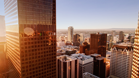Aerial shot of the Financial District in Downtown Los Angeles at sunrise.