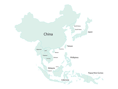 Vector illustration of a map of Asia and all its countries with their names. Cut out design element on a white background.