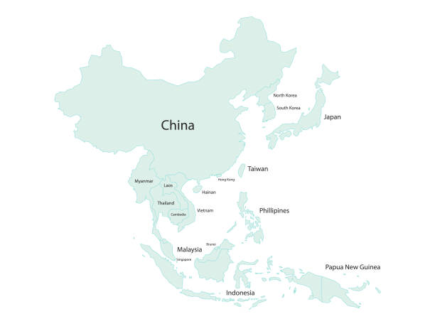 Asia map with country names Vector illustration of a map of Asia and all its countries with their names. Cut out design element on a white background. east asia stock illustrations