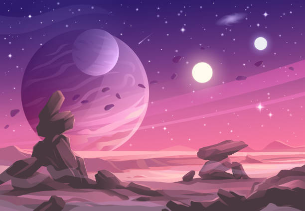 Alien Planet Landscape Under A Purple Sky Illustration of a barren landscape on an alien planet with rock formations, hills and mountains. In the background is a purple sky full of stars, planets, suns, moons, asteroids and a distant galaxy. Vector illustration with space for text. dreamlike illustrations stock illustrations