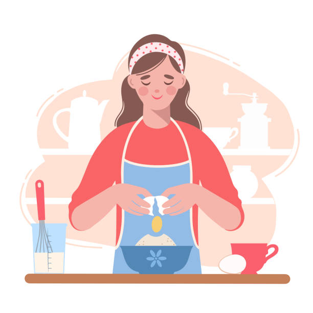 ilustrações de stock, clip art, desenhos animados e ícones de woman in an apron is cooking in the kitchen, kneading dough. she's holding an egg. - characters cooking chef bakery