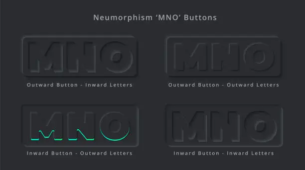 Vector illustration of Letter M N O Skeuomorphism and Neumorphism UI Rectangle Button Design of Elegant Modern 3D effect for Logo or App Thumbnail Symbol