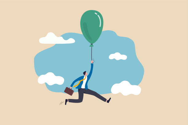 Financial bubble by QE injected money concept, businessman investor holding flying balloon tight afraid to fall off. Financial bubble by QE injected money concept, businessman investor holding flying balloon tight afraid to fall off. helium stock illustrations