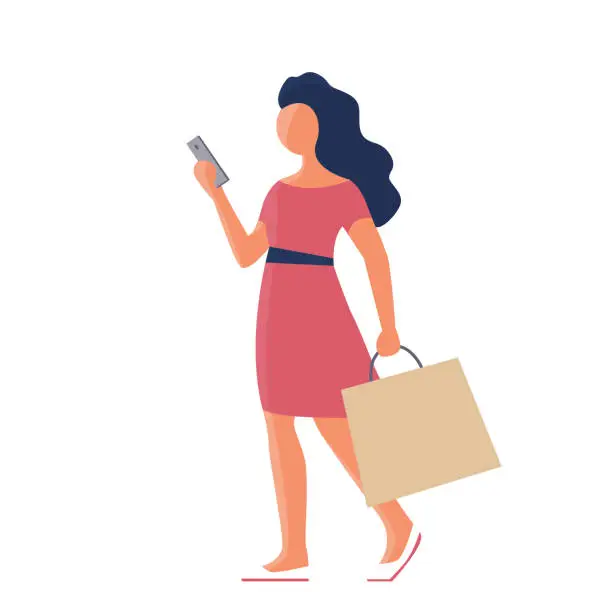 Vector illustration of Beautiful girl with a handbag and a smartphone