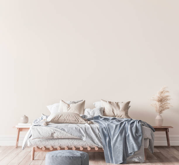 istock Beige and blue bedroom interior background, interior mockup 1295219008