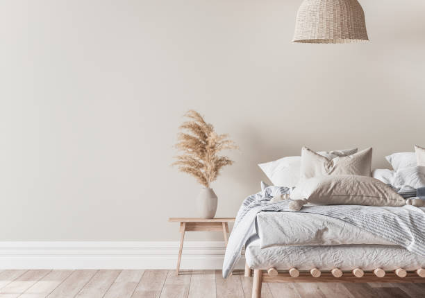 istock Beige and blue bedroom interior background, interior mockup 1295219043