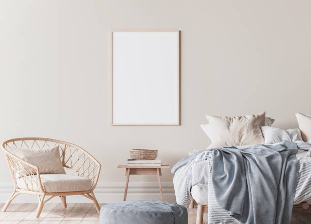istock Beige and blue bedroom interior background, interior mockup 1295219048