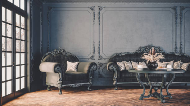 istock Modern interior design against the background of a dark classic wall. 1295219230