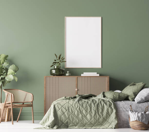 istock Boho Chic bedroom, simple and comfortable design with trendy rattan home accessories 1295219348