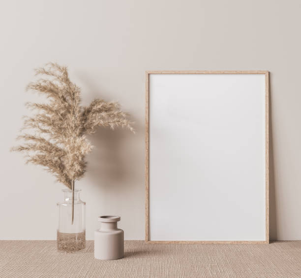 istock Interior poster mock up with vertical frame on the floor in Scandinavian home interior. 1295220175