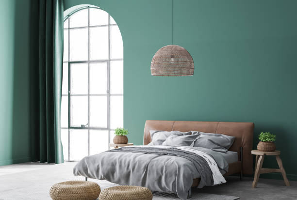 istock Minimal farmhouse bedroom design, interior wall mockup with brown leather bed on green wall background 1295220607