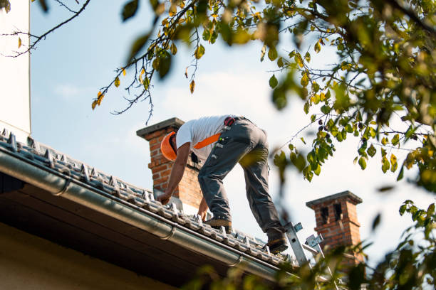 Roofer measuring chimney on roof top Professional construction worker standing roof top and measuring chimney of new house under construction repairperson occupation stock pictures, royalty-free photos & images